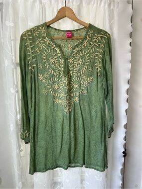 Raj Olive Green Embroidered V-Neck Tunic